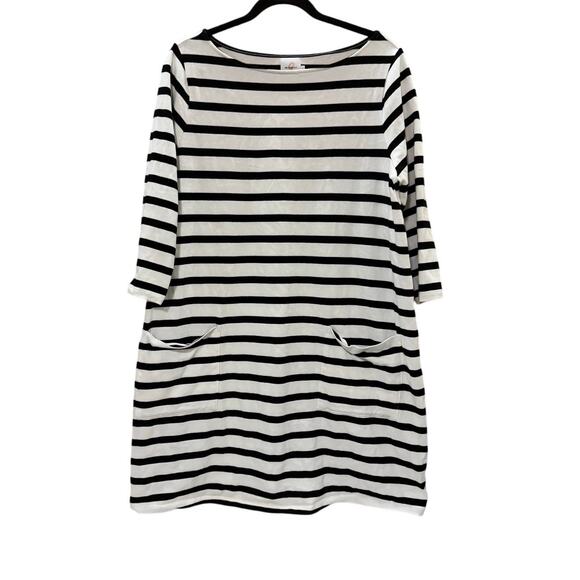 HATCH The Nines Striped Cotton Dress Black White 3/4 Sleeve Pockets Size L - Picture 1 of 7